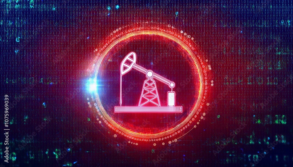 Poster digital oil: pumpjack icon in futuristic data stream. a stylized illustration of an oil pumpjack wit