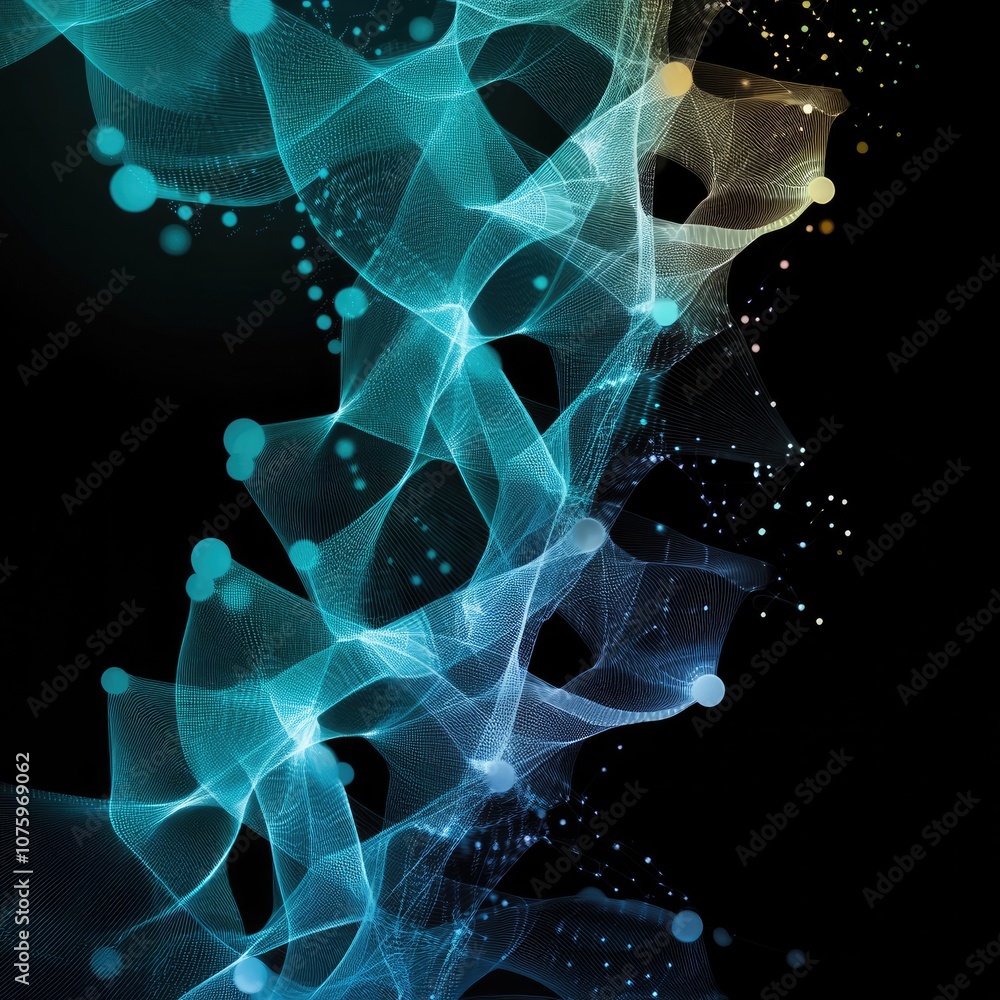 Poster abstract digital wave form with blue and teal light particles on a black background representing tec