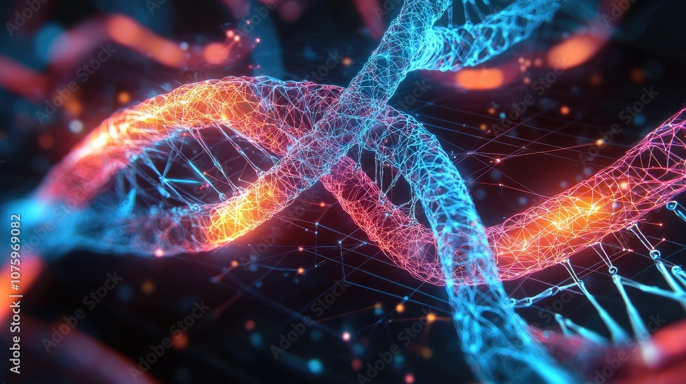 Poster abstract visualization of dna double helix structure illuminated with vibrant neon colors, showcasin