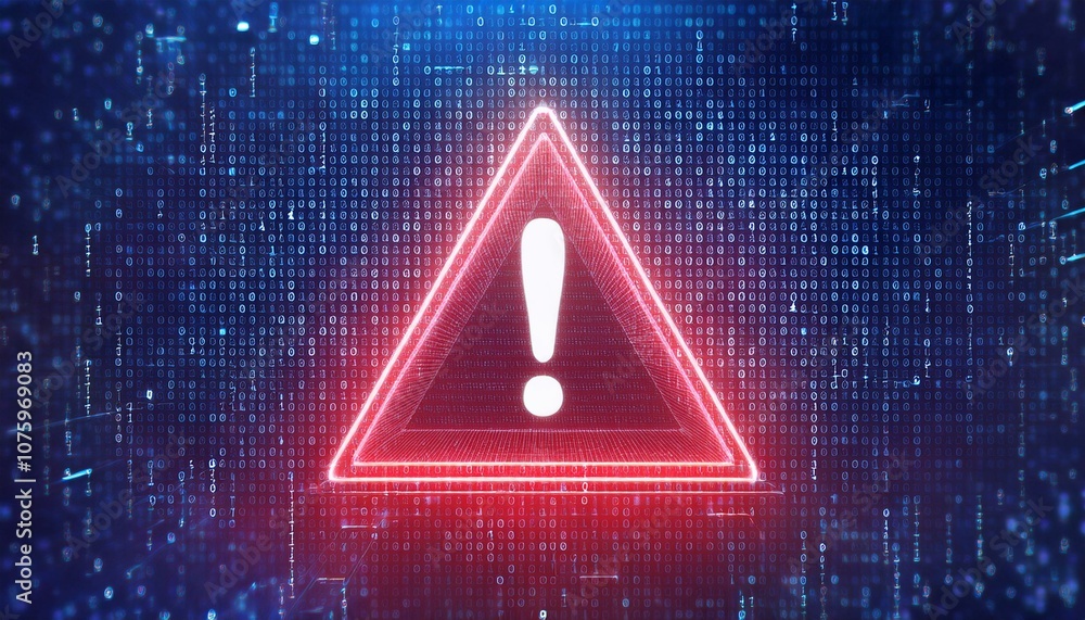 Poster cybersecurity alert: a glowing red warning triangle with an exclamation mark on a digital background