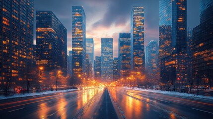 Naklejka premium Cityscape with Snowy Street