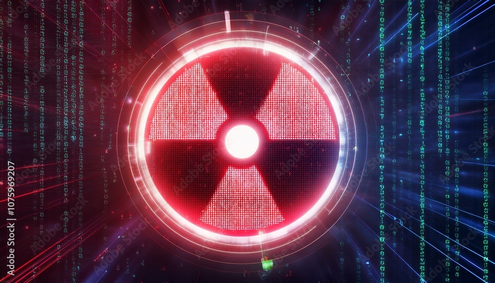 Aufkleber cybersecurity threat: a glowing red nuclear symbol at the center of a digital matrix, representing a