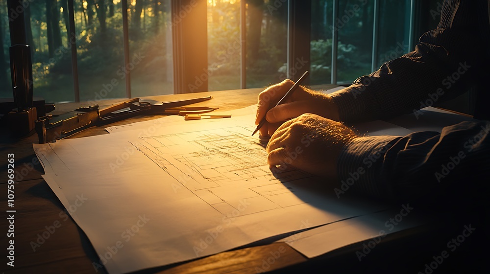 Aufkleber A person writes on large paper illuminated by warm sunlight filtering through trees, creating a serene, artistic atmosphere.