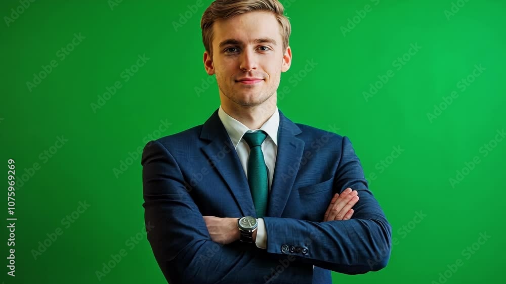Poster young businessman in a suit is standing in front of a green screen background, providing the perfect