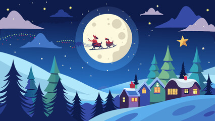 Fototapeta premium A cartoon of Santa Claus and his reindeer flying over a snowy landscape