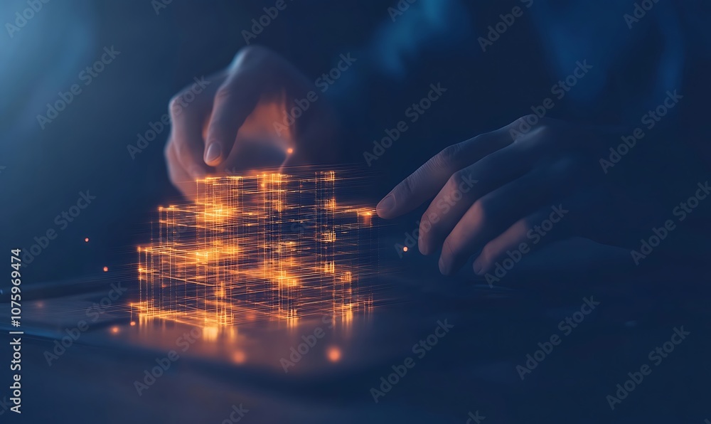 Aufkleber a close-up of hands manipulating illuminated digital blocks, representing technology, innovation, an