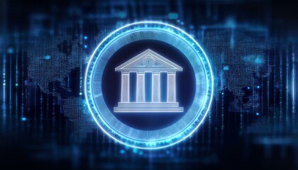 Global Financial Institution:  A futuristic illustration depicting a bank or financial institution icon within a glowing blue circle, set against a digital world map background.