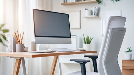 Fototapeta premium Modern Minimalist Home Office Design with Large Monitor, Stylish Desk, Comfortable Chair, and Indoor Plants for a Productive Workspace Environment