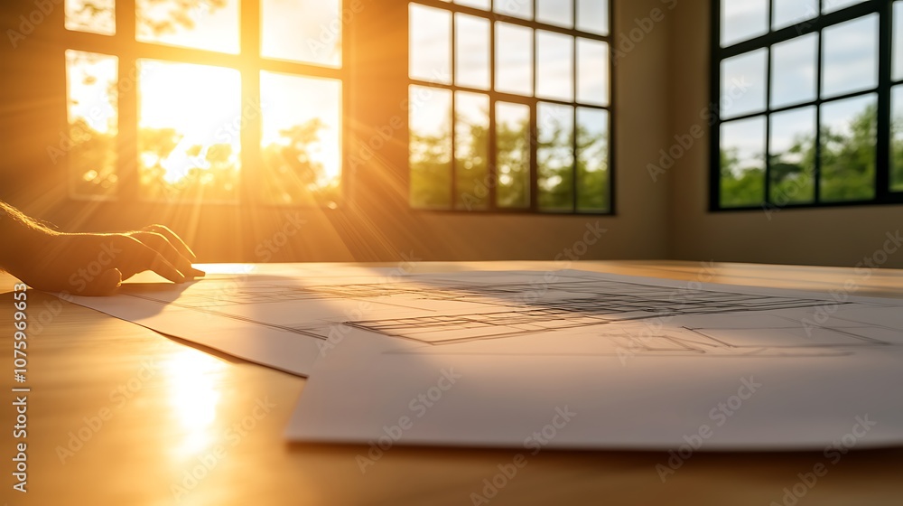 Poster a hand rests on blueprints as sunlight streams through large windows, illuminating a workspace fille