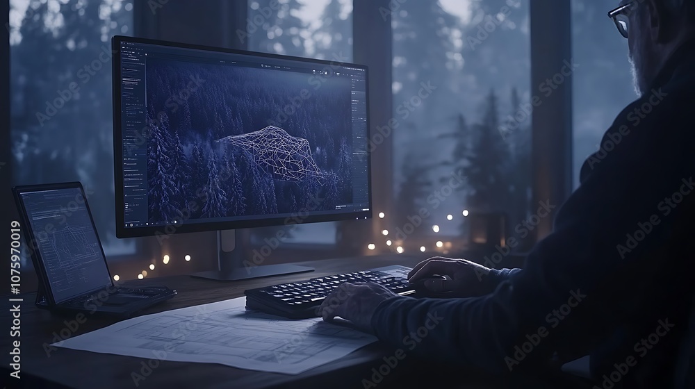 Aufkleber A serene workspace featuring a person at a computer, immersed in digital creation, surrounded by glowing lights and a tranquil forest backdrop.