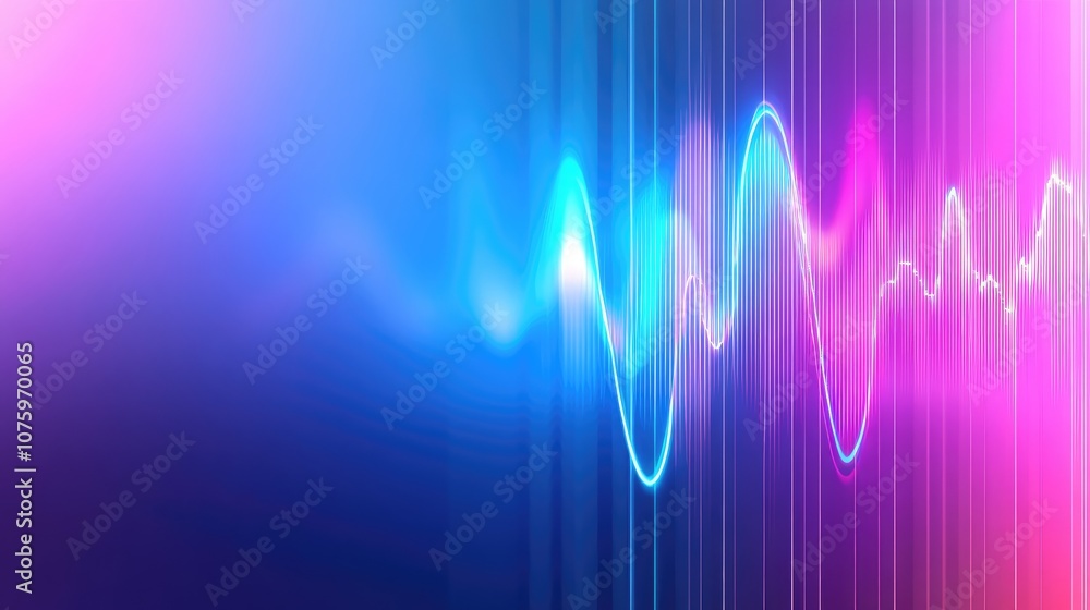 Poster vibrant abstract sound waves representing music and audio frequencies with colorful gradients and mo