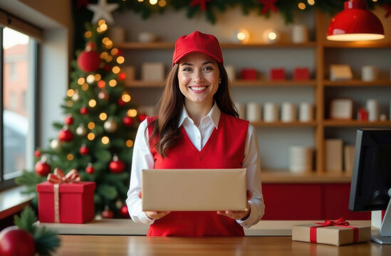 Female postman stands at the post office is decorated for Christmas behind the parcel desk and smiles looking at the camera and holds out a parcel in her hands to the camera.