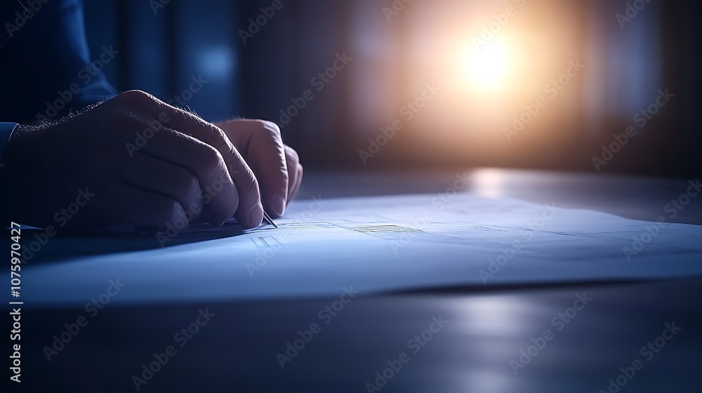 Poster a close-up of hands working on a piece of paper, illuminated by a warm light source, creating a focu