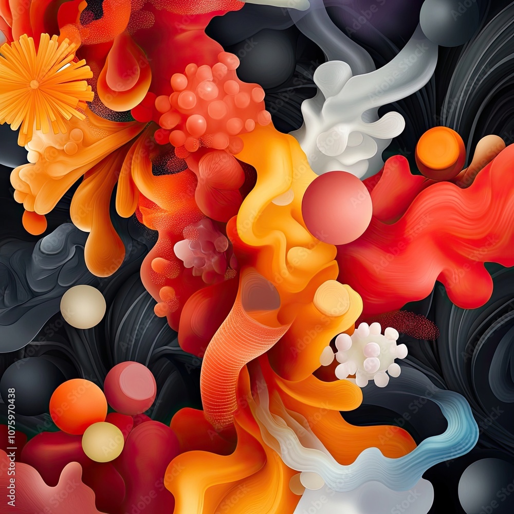 Poster abstract composition of vivid shapes and fluid forms in bright colors with organic patterns and text