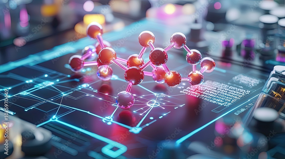 Poster abstract representation of molecules and chemical structures on a futuristic interface with bright c
