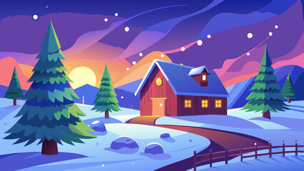 A house with a red roof sits on a snowy hill