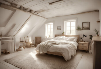  modern comfortable bedchamber wall white poster decoration lamp blank nobody interior colored farmhouse canvas bedding  pillow style light floor 