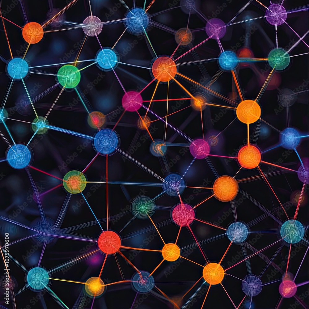 Poster abstract colorful network connections on dark background representing data flow, interconnectivity, 