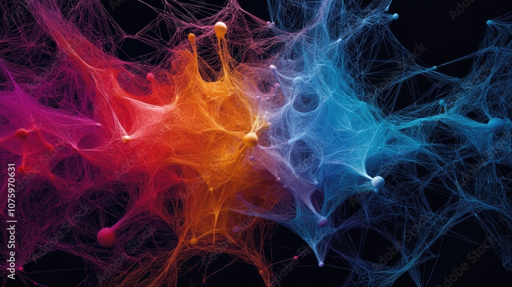 Poster abstract network visualization in vibrant colors representing digital connections, data flow, and te