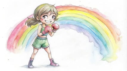 A smiling girl in green shorts and pink boxing gloves stands in front of a rainbow.