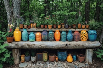 Fototapeta premium Colorful Pots in a Forest Setting