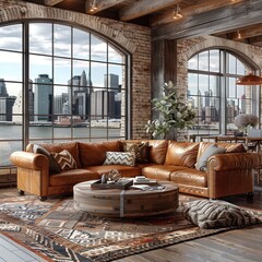 Leather Sofa with City View in Industrial Loft Living Room 3D Illustration