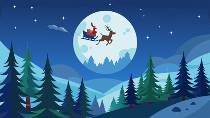 A cartoon of Santa Claus riding a sleigh through a forest with a full moon in th