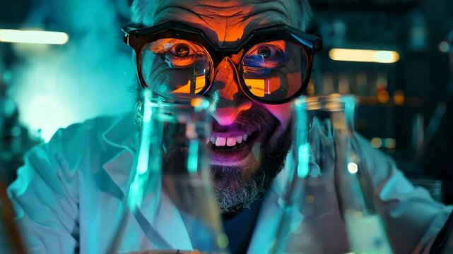 In a dimly lit laboratory, a mad scientist eagerly mixes colorful potions, creating a swirling display of vibrant chemical reactions and showcasing his unpredictable genius.
