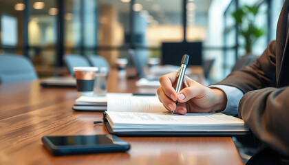 Person taking notes during meeting, close-up of hands writing in a notebook. Panoramic banner with...