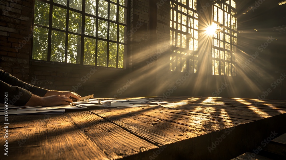 Fototapete A sunbeam streams through windows, illuminating a rustic workspace with a wooden table, creating a serene and artistic atmosphere.