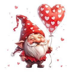 Charming gnome in a red hat holding a large heart-shaped balloon, celebrating love.
