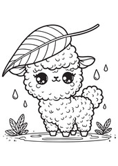 Coloring page cute alpaca under leaves rain