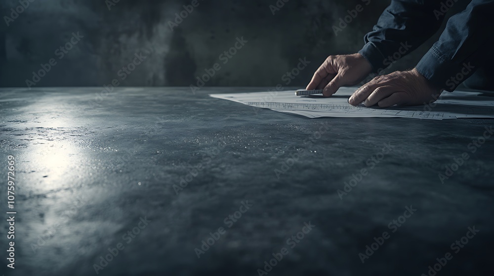 Poster A close-up view of hands working on a paper on a dimly lit surface, creating a focused atmosphere of preparation or investigation.
