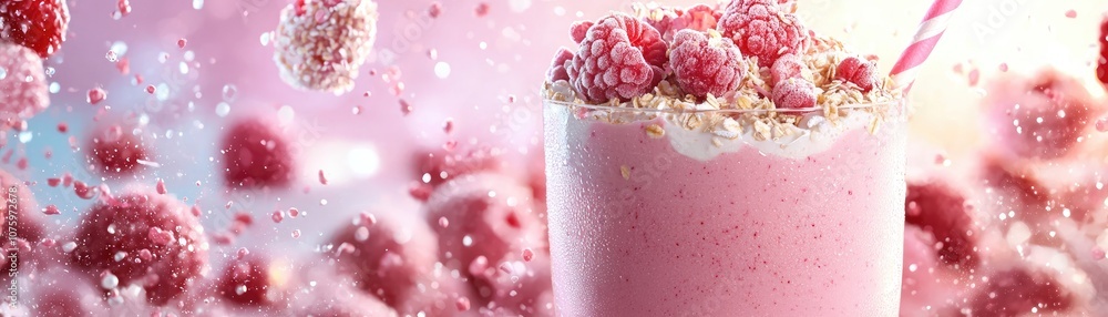 Poster refreshing and delicious raspberry smoothie with oat topping surrounded by fresh berries and sprinkl