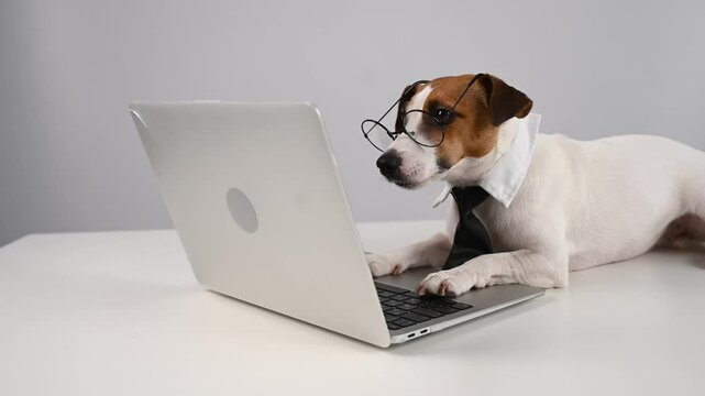 Jack Russell Terrier dog in a tie working on a laptop on a white background.
