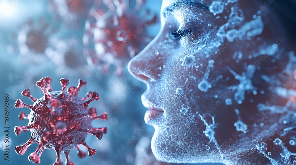 Aufkleber microscopic view of coronavirus particle with human face in the background representing strategies