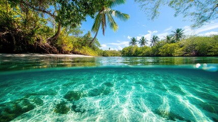 Tranquil Tropical Lagoon with Crystal Clear Water, Lush Greenery, and Sunlight Streaming Through Palm Trees in a Coastal Paradise