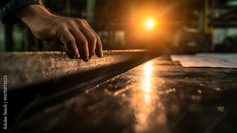Leinwandbilder a hand rests on a metallic surface in an industrial setting with warm lighting, highlighting craftsm