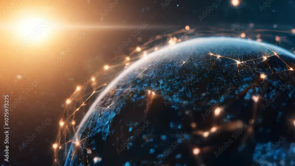 Poster abstract digital globe with connected nodes, symbolizing global data exchange and communication, ill