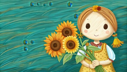Naklejka premium A Girl in a Yellow Dress Holding a Bouquet of Sunflowers