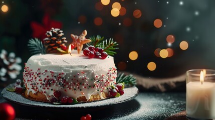Festive Food Art: Christmas-Themed Pound Cake Adorned with Sprinkles and Seasonal Decorations
