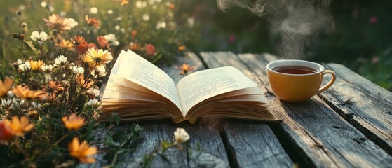 Illustrate an open book resting on a rustic wooden table, with its pages fluttering in a gentle breeze, surrounded by scattered wildflowers and a steaming cup of tea, evoking a sense of adventure