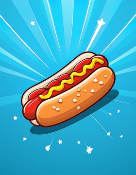 Naklejki Minimal background for fast food concept. Hot dog cartoon style on blue background