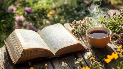 Illustrate an open book resting on a rustic wooden table, with its pages fluttering in a gentle breeze, surrounded by scattered wildflowers and a steaming cup of tea, evoking a sense of adventure