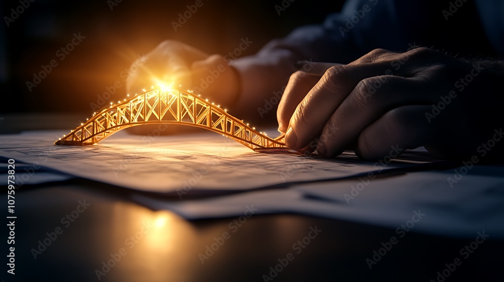 Poster a close-up of hands assembling a model bridge, illuminated dramatically, highlighting creativity and