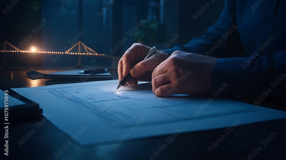 Poster a person is sketching architectural plans on paper in a dimly lit environment, showcasing creativity