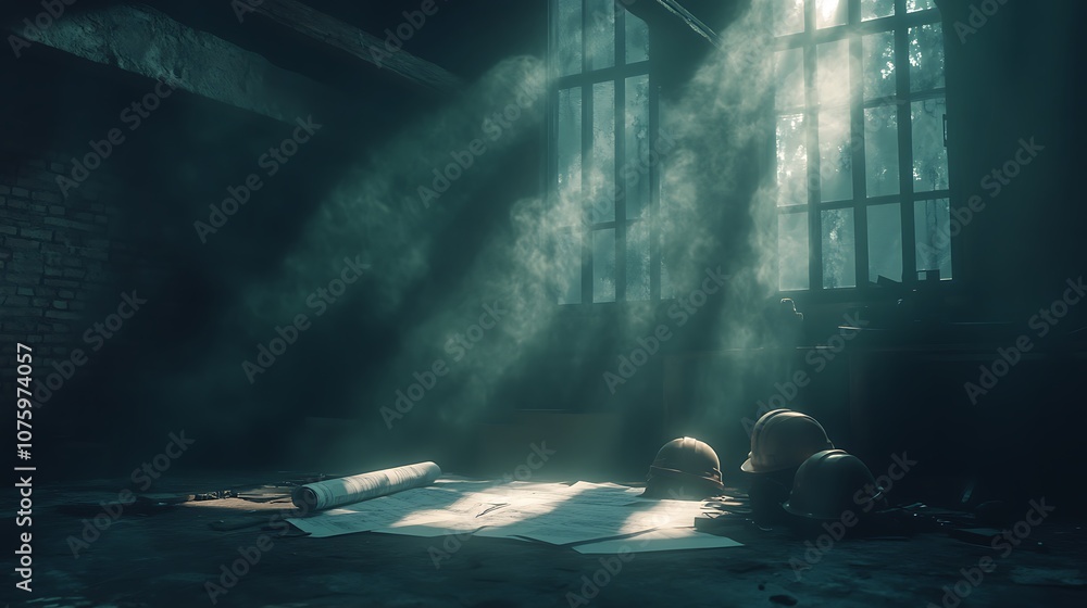 Leinwandbilder a dimly lit room with beams of sunlight filtering through dusty windows, illuminating scattered pape