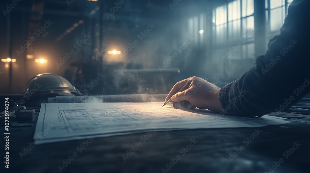 Poster a hand rests on architectural plans in a dimly lit workshop, illuminated by soft light, evoking a se