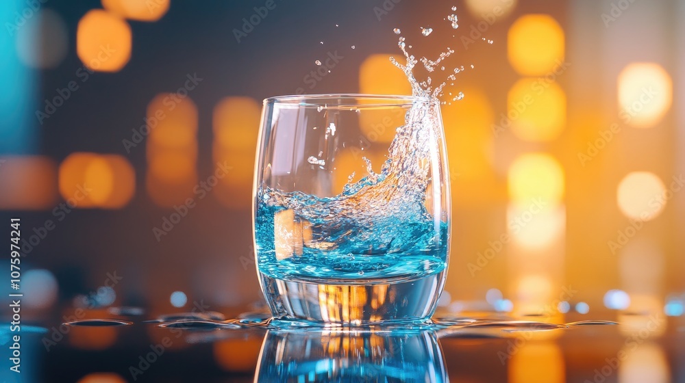 Aufkleber splashing water in glass with ice cube on reflective surface and colorful background creating a vibr