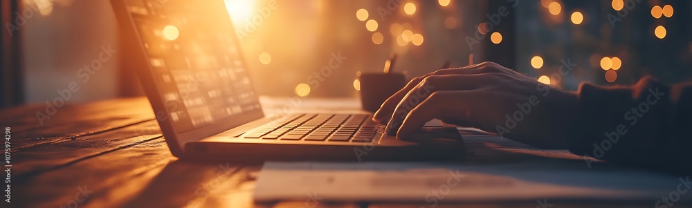 Poster a warm, glowing scene of hands typing on a laptop, with soft bokeh lights in the background, creatin
